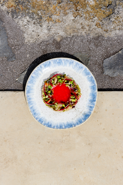 An image taken from the top of a dish over natural patterns during a photohoot at a restaurant in the Azores